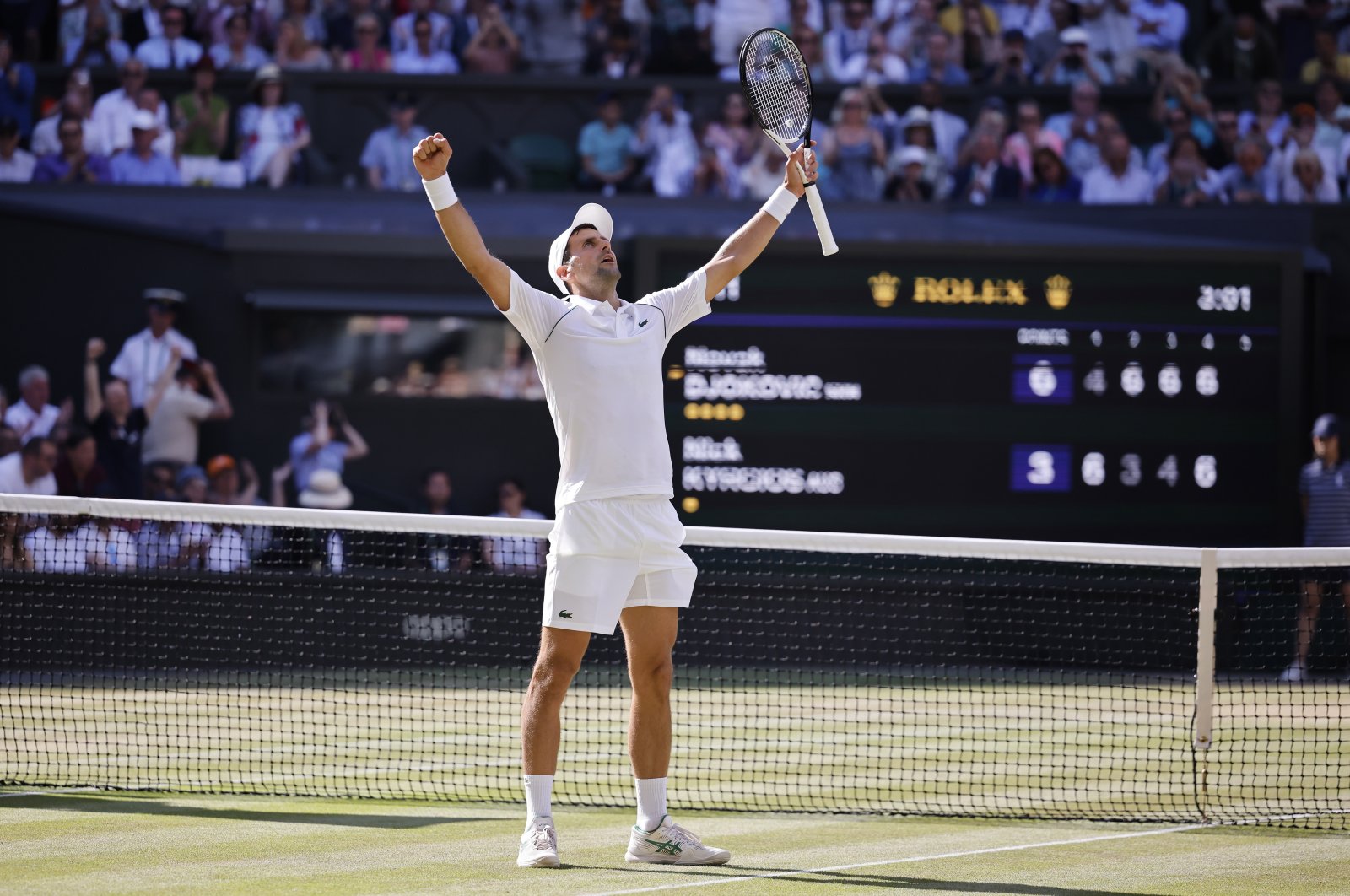 Novak Djokovic of Serbia celebrates winning the men&#039;s final match against Nick Kyrgios of Australia at the Wimbledon Championships, in Wimbledon, Britain, July 10, 2022. (EPA Photo)
