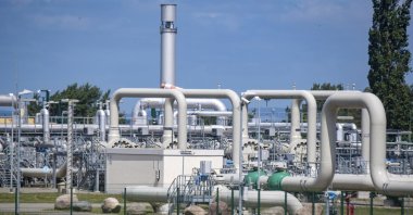 A view of pipe systems and shut-off devices at the gas receiving station of the Nord Stream 1 Baltic Sea pipeline and the transfer station of the OPAL (Ostsee-Pipeline-Anbindungsleitung - Baltic Sea Pipeline Link) long-distance gas pipeline in Lubmin, Germany, June 21, 2022. (AP File Photo)
