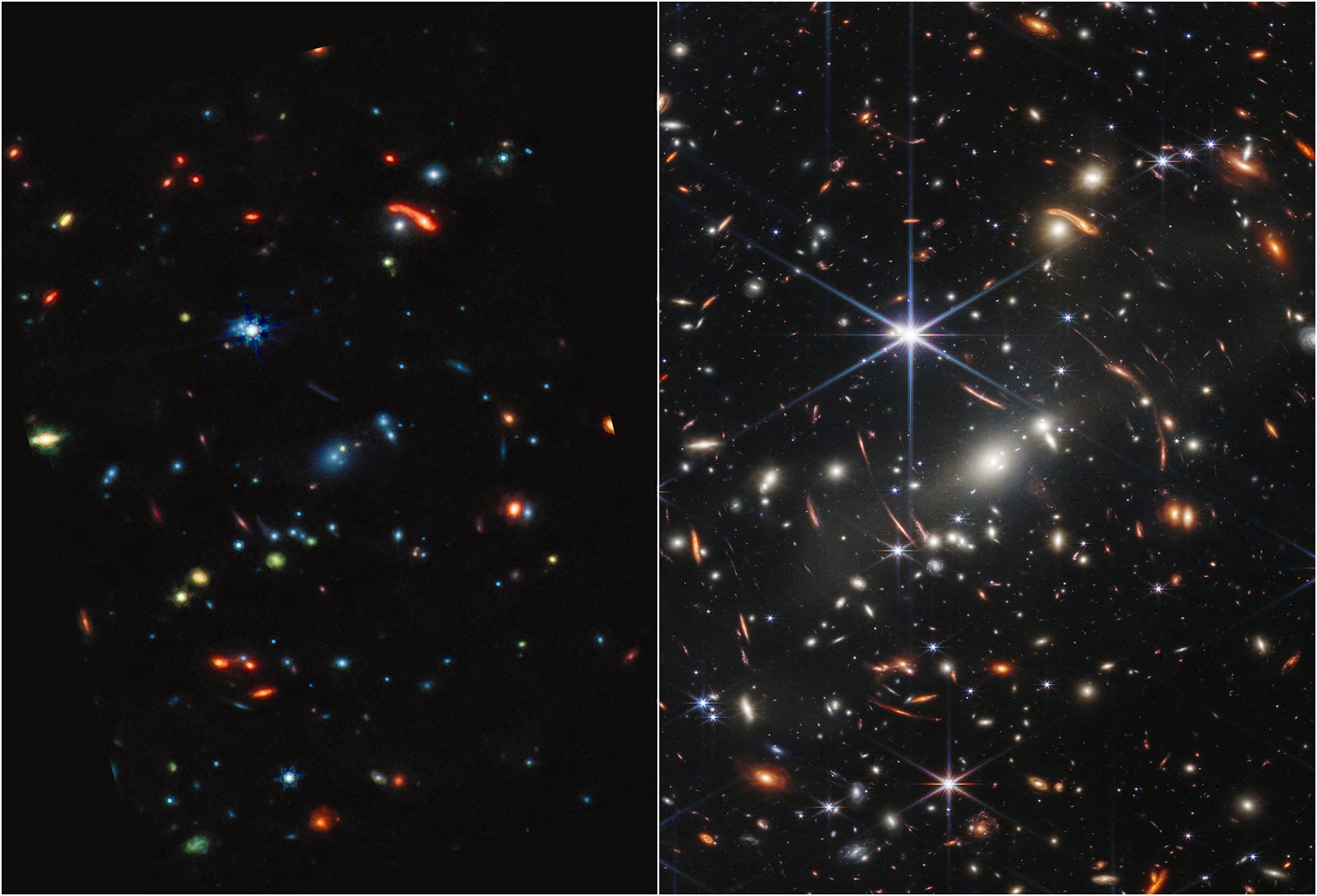 Two side-by-side deep field images from the MIRI and NIRCam instruments of NASA's James Webb Space Telescope, show composites made from images of the galaxy cluster SMACS 0723, at Mid-Infrared (L) & Near-Infrared (R), July 12, 2022. (Reuters Photo)