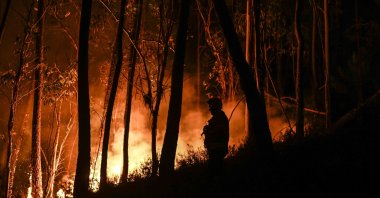 A silhouette of a firefighter standing in the forest is pictured during a wildfire at Casais do Vento in Alvaiazere, July 10, 2022. (AFP Photo)
