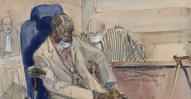 This file court-sketch made on May 9, 2022, shows former senior Rwandan official Laurent Bucyibaruta during his trial on charges of genocide. (AFP Photo)