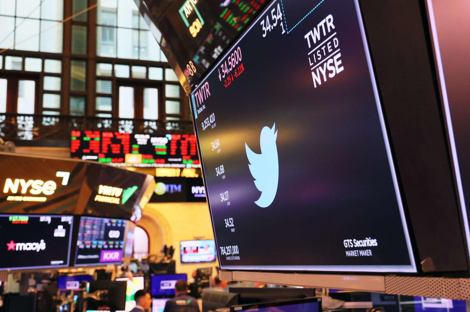 A Twitter logo is displayed on a screen at the New York Stock Exchange during morning trading in New York City, U.S., July 11, 2022. (AFP Photo)