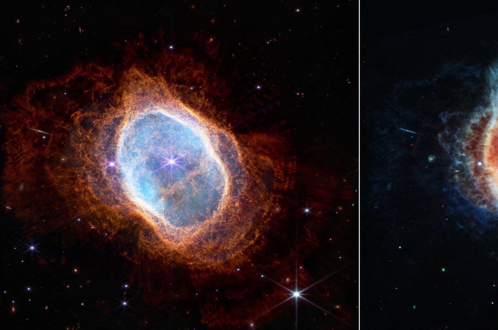 Two side-by-side images show observations of the Southern Ring Nebula in near-infrared light (L), and mid-infrared light (R), from NASA&#039;s James Webb Space Telescope, July 12, 2022. (Reuters Photo)