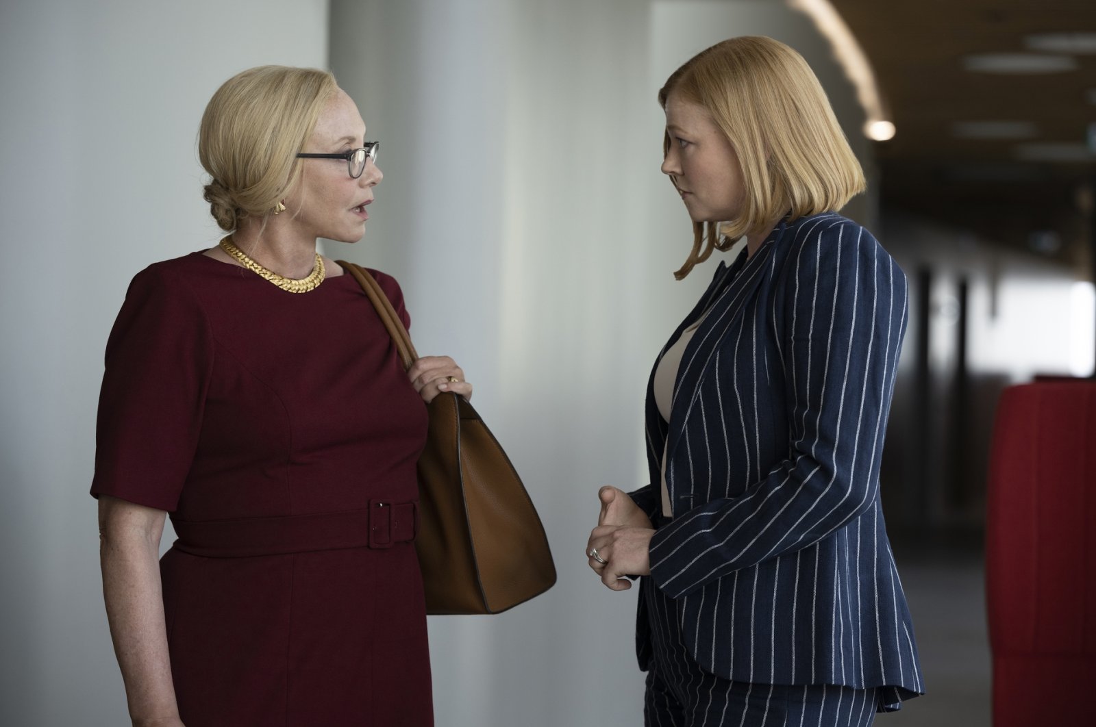This image released by HBO  shows J. Smith Cameron (L) and Sarah Snook in a scene from &quot;Succession.&quot; Both Cameron and Snook were nominated for an Emmy Award for best supporting actress in a drama series. (HBO via AP)