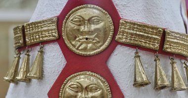 The 2,000 year-old bridle and saddle made of pure gold and silver belonging to a Hun soldier are exhibited in the Abiş Kekilbayev Regional Promotion Museum in Aktau, Kazakhstan, July 11, 2022. (AA Photo)