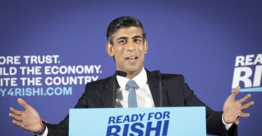 British Treasury chief Rishi Sunak speaks at the launch of his campaign to be Conservative Party leader and prime minister, at the Queen Elizabeth II Centre in London, Tuesday, July 12, 2022. (AP Photo)