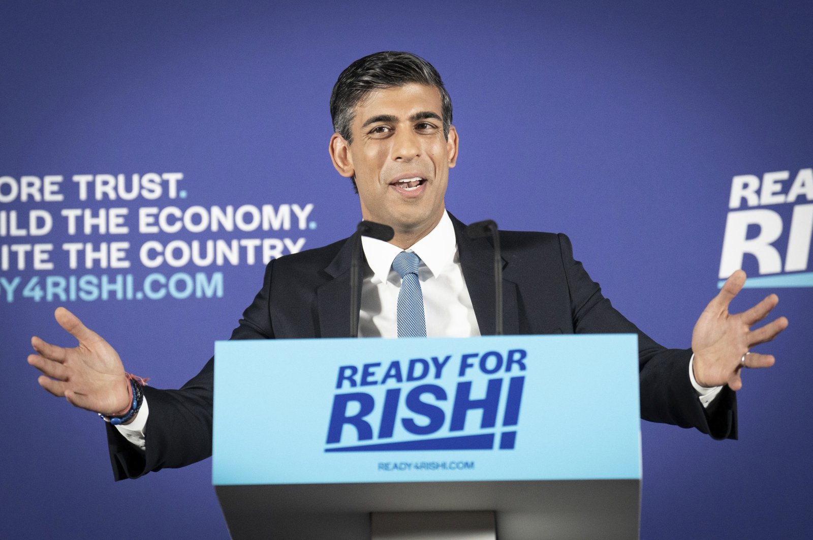 British Treasury chief Rishi Sunak speaks at the launch of his campaign to be Conservative Party leader and prime minister, at the Queen Elizabeth II Centre in London, Tuesday, July 12, 2022. (AP Photo)