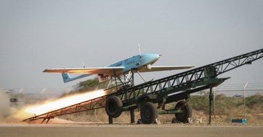 A military drone is fired into the air during a military exercise in the coastal region of Balushistan, Iran, Nov. 7, 2021. (Iranian Army Office via AFP)