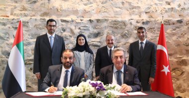 Turkish and UAE officials during the signing ceremony of the cooperation agreement between the Turkish Space Agency and the United Arab Emirates Space Agency in Istanbul, Turkey, July 13, 2022. (Courtesy of Industry and Technology Ministry)