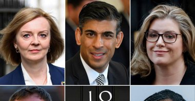 This combination of pictures created on July 14, 2022, shows (top row L-R) Britain's Foreign Secretary Liz Truss, Britain's former chancellor of the exchequer Rishi Sunak, Britain's Minister of State for Trade Policy Penny Mordaunt, (bottom row L-R) Conservative politician Tom Tugendhat, Britain's Attorney General Suella Braverman and Conservative MP for Saffron Walden Kemi Badenoch. (AFP Photo)