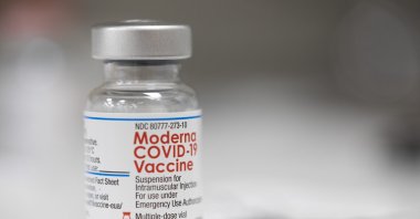 A vial of the Moderna COVID-19 vaccine is displayed on a counter at a pharmacy in Portland, Oregon, U.S., Dec. 27, 2021. (AP File Photo)