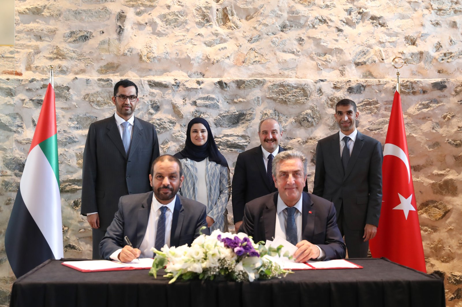 Turkish and UAE officials during the signing ceremony of the cooperation agreement between the Turkish Space Agency and the United Arab Emirates Space Agency in Istanbul, Turkey, July 13, 2022. (Courtesy of Industry and Technology Ministry)