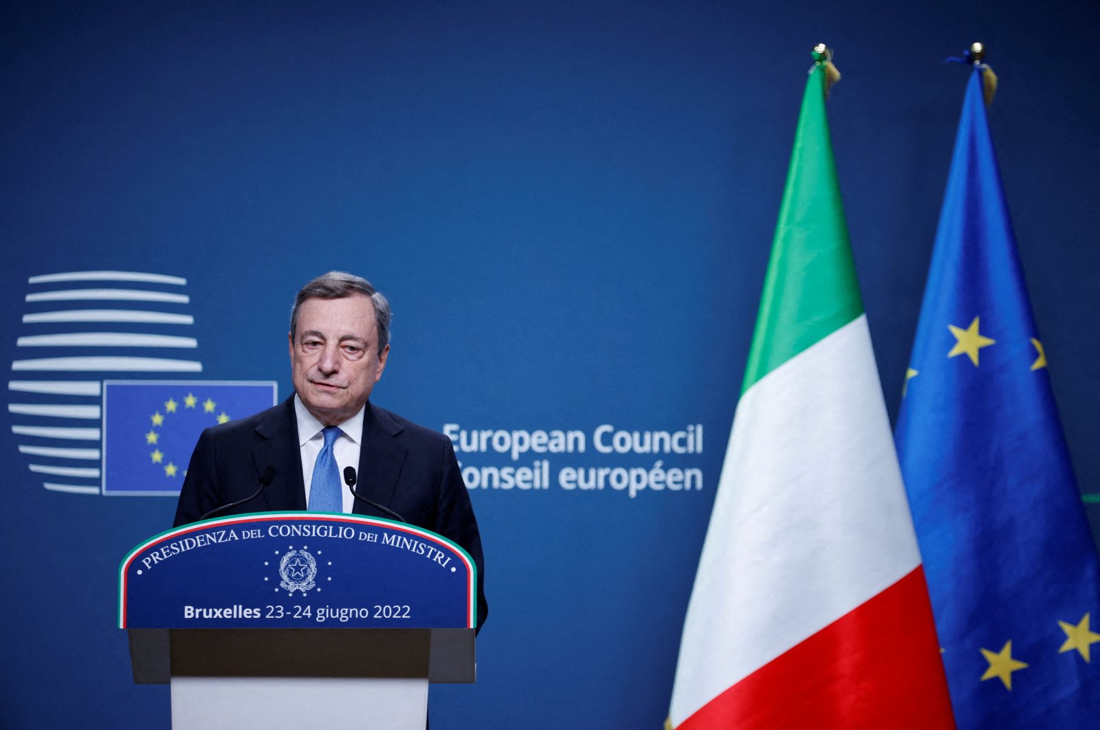 Italian Prime Minister Mario Draghi attends a news conference during a European Union leaders summit in Brussels, Belgium, June 24, 2022. (Reuters Photo)