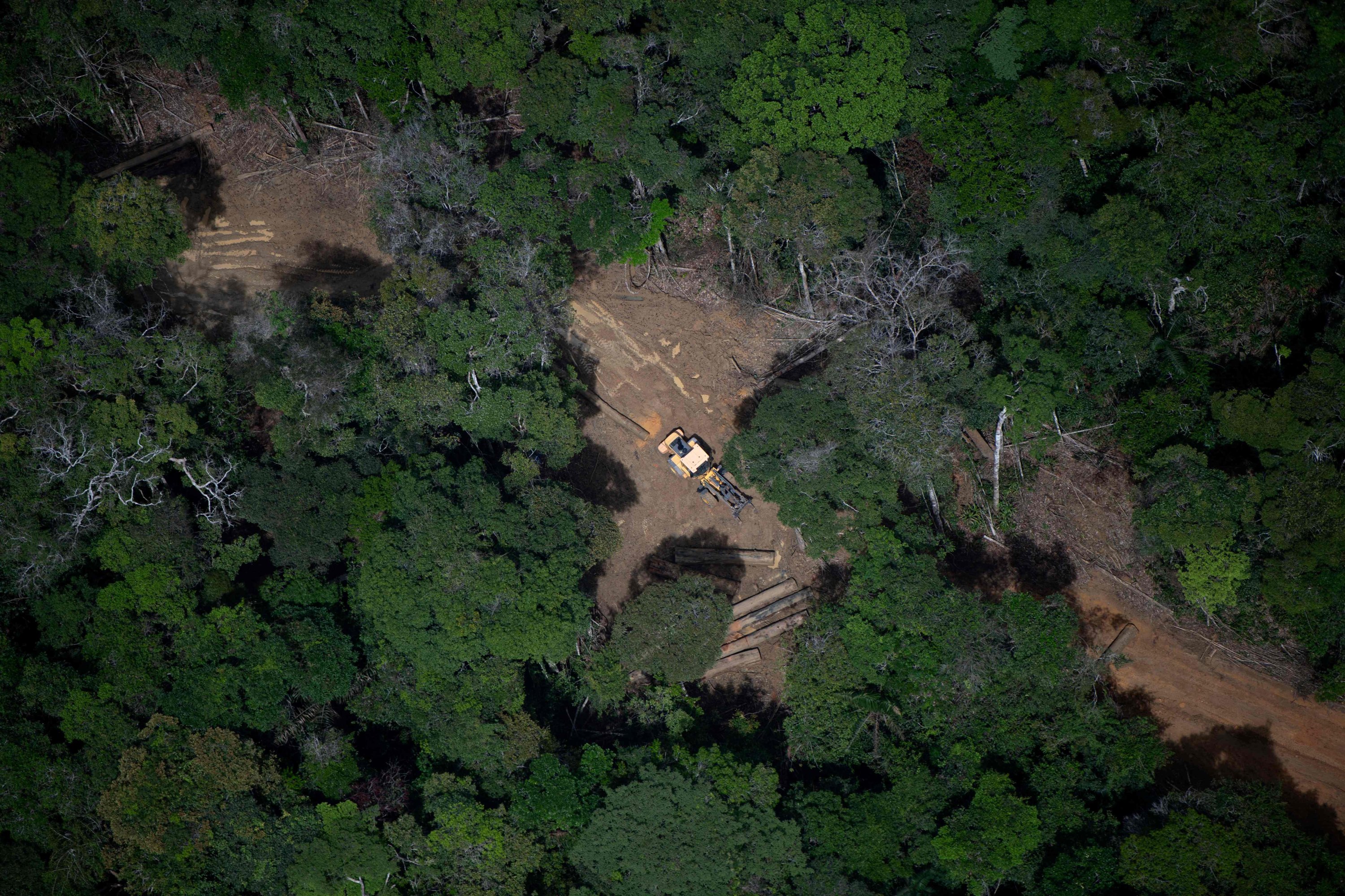 Pemandangan udara yang menunjukkan buldoser mengeluarkan kayu dari daerah gundul di hutan hujan Amazon terlihat selama penerbangan antara Manaus dan Manicore, di Negara Bagian Amazonas, Brasil, 6 Juni 2022. (AFP Photo)