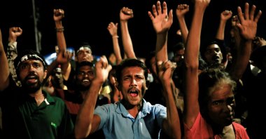 People dance as they celebrate the resignation of Sri Lanka’s President Gotabaya Rajapaksa, Colombo, Sri Lanka, July 14, 2022. (Reuters Photo)