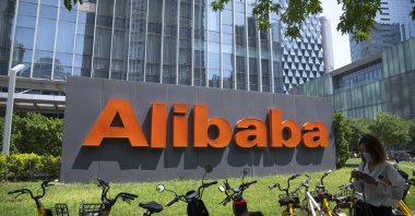 The logo of  Chinese technology firm Alibaba is seen at its office in Beijing, China, Aug. 10, 2021. (AP Photo)