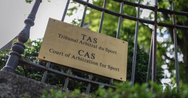The sign of the Court of Arbitration for Sport (CAS), in Lausanne, Switzerland, June 8, 2020. (AFP PHOTO)