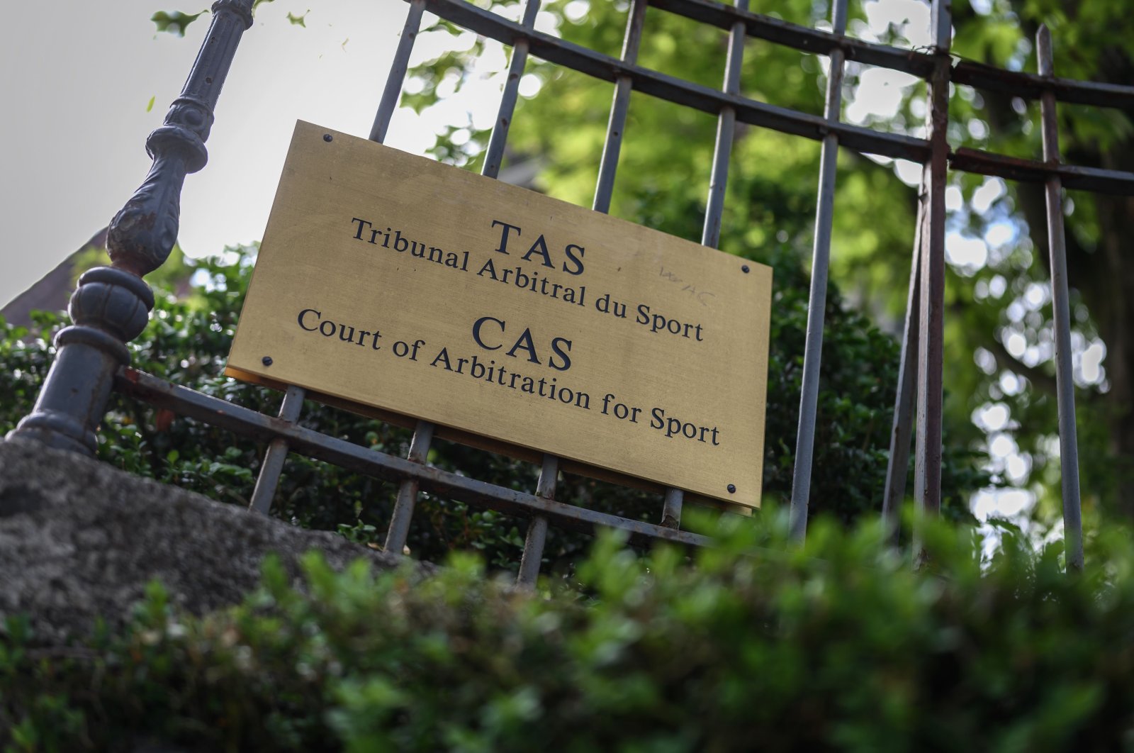 The sign of the Court of Arbitration for Sport (CAS), in Lausanne, Switzerland, June 8, 2020. (AFP PHOTO)