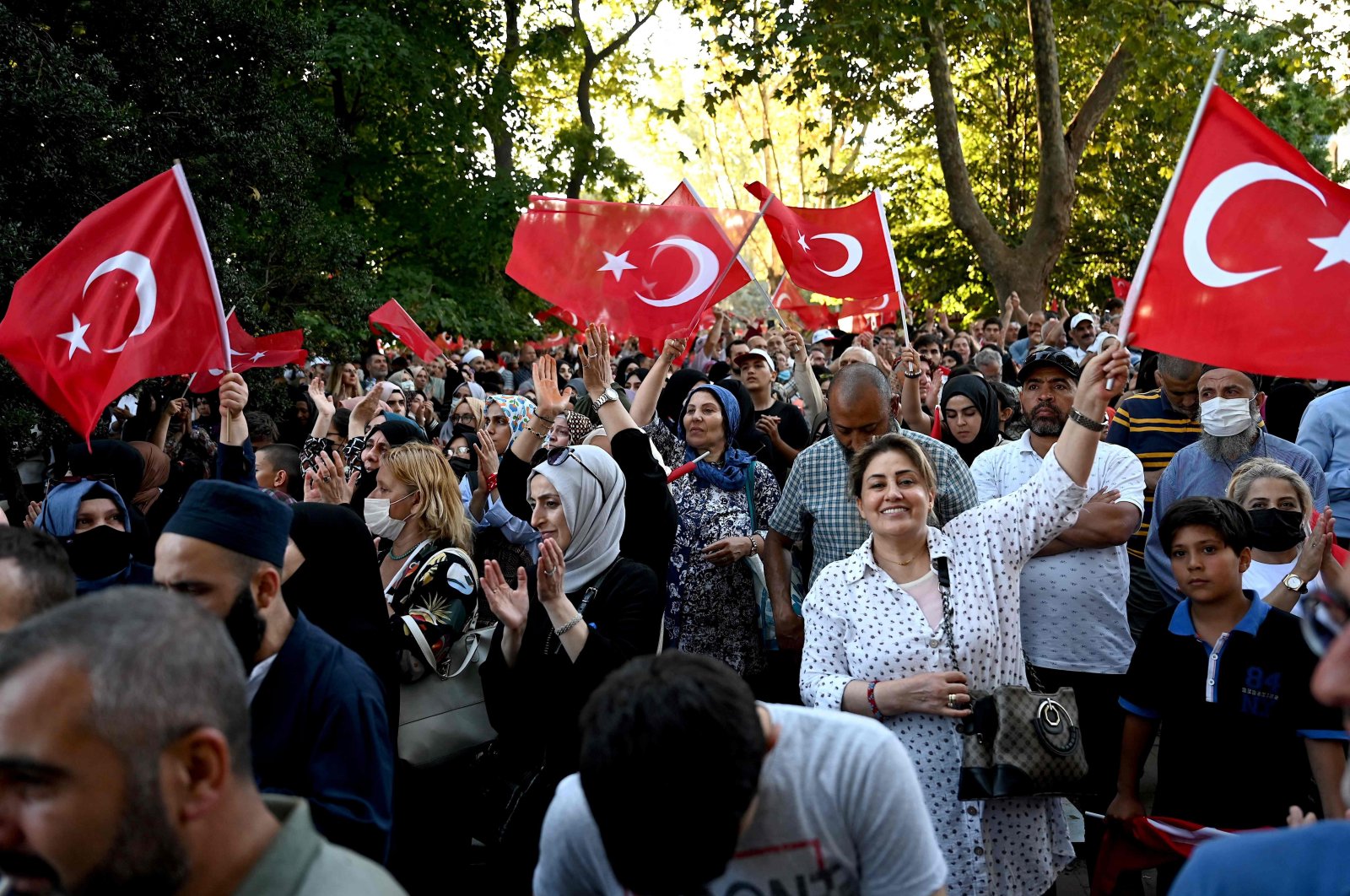 Supporters cheer at a gathering in the Fatih district of Istanbul on July 15, 2022, during Turkey&#039;s Democracy and National Unity Day commemorating the 2016 failed coup, Turkey. (AFP)