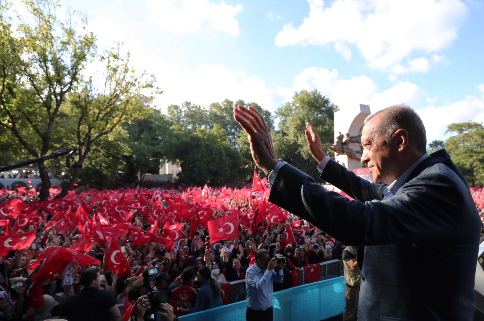 President Recep Tayyip Erdoğan greets the crowd gathered in Saraçhane Square to mark Democracy and National Unity Day in Istanbul, Turkey, July 15, 2022. (EPA)