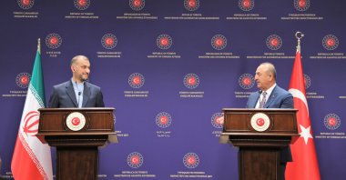 Foreign Minister Mevlüt Çavuşoğlu (R) talks to Iranian Foreign Minister Hossein Amirabdollahian (L) during a joint press conference in Ankara, Turkey, June 27, 2022. (EPA)