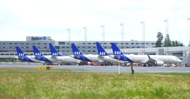 SAS airplanes parked at the Oslo Gardermoen Airport, Norway, July 4, 2022. (Reuters Photo)