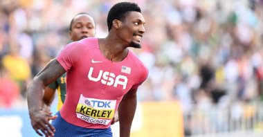 USA's Fred Kerley celebrates winning men's 100m final at World Athletics Championships, Eugene, Oregon, U.S., July 16, 2022. (AFP Photo)