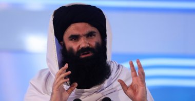 Afghan Taliban's acting Interior Minister Sirajuddin Haqqani speaks during the anniversary event of the departure of the Soviet Union from Afghanistan, in Kabul, Afghanistan, April 28, 2022. (Reuters File Photo)