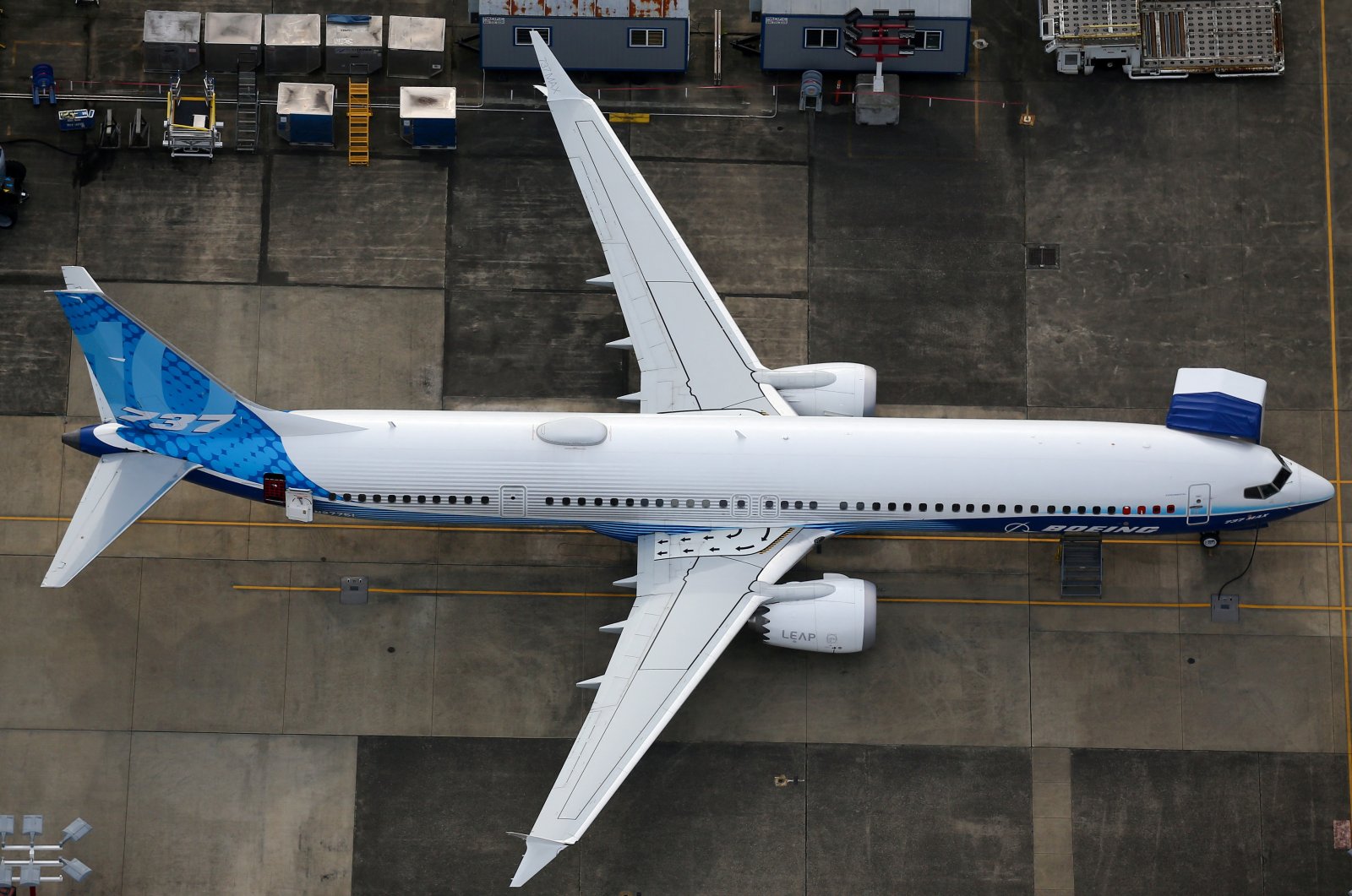 An aerial view of a Boeing 737 MAX 10 airplane parked at King County International Airport-Boeing Field in Seattle, Washington, U.S., June 1, 2022. (Reuters Photo)
