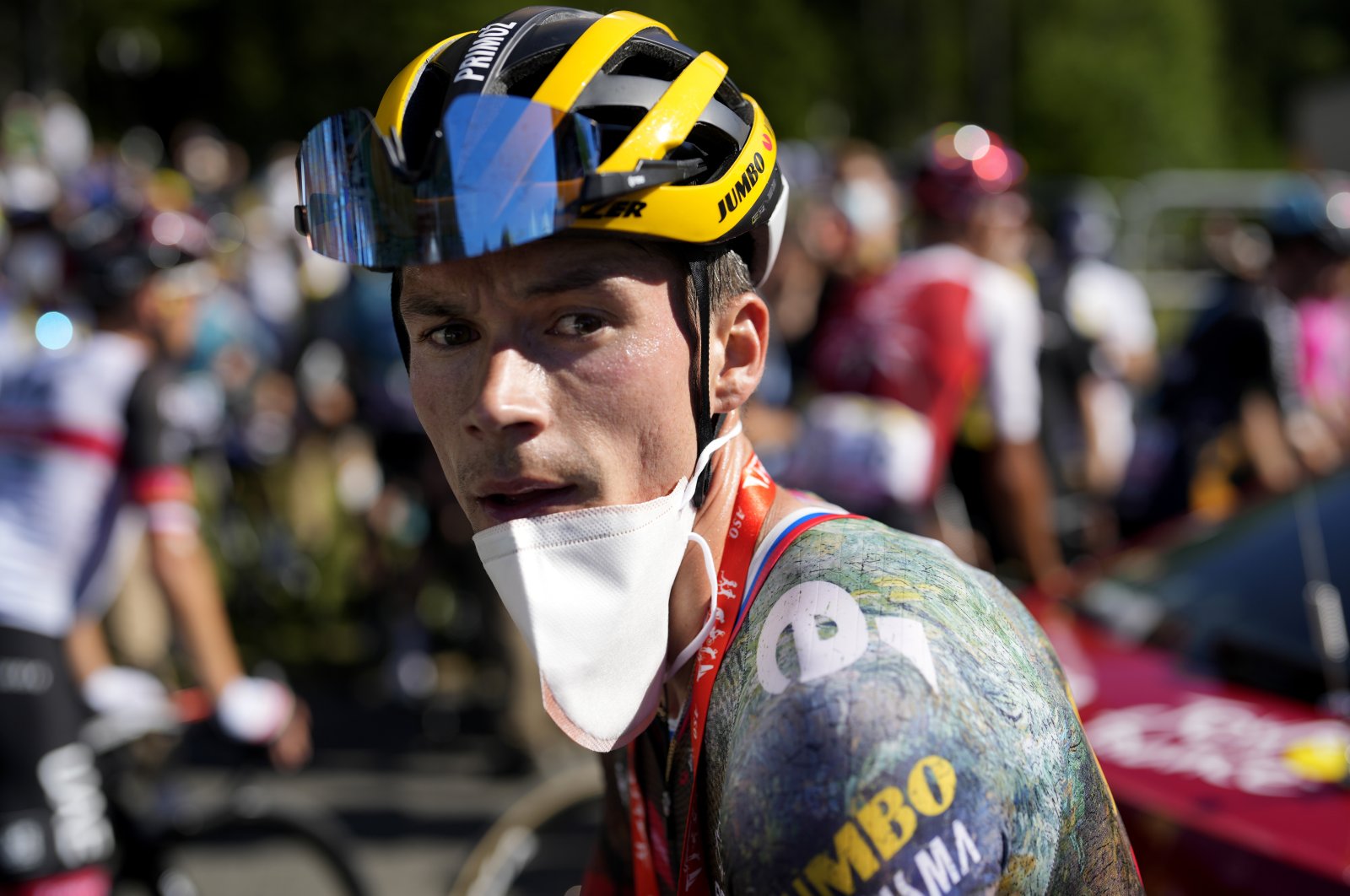 Slovenia&#039;s Primoz Roglic looks on after the 10th stage of the Tour de France, Megeve, France, July 12, 2022. (AP Photo)