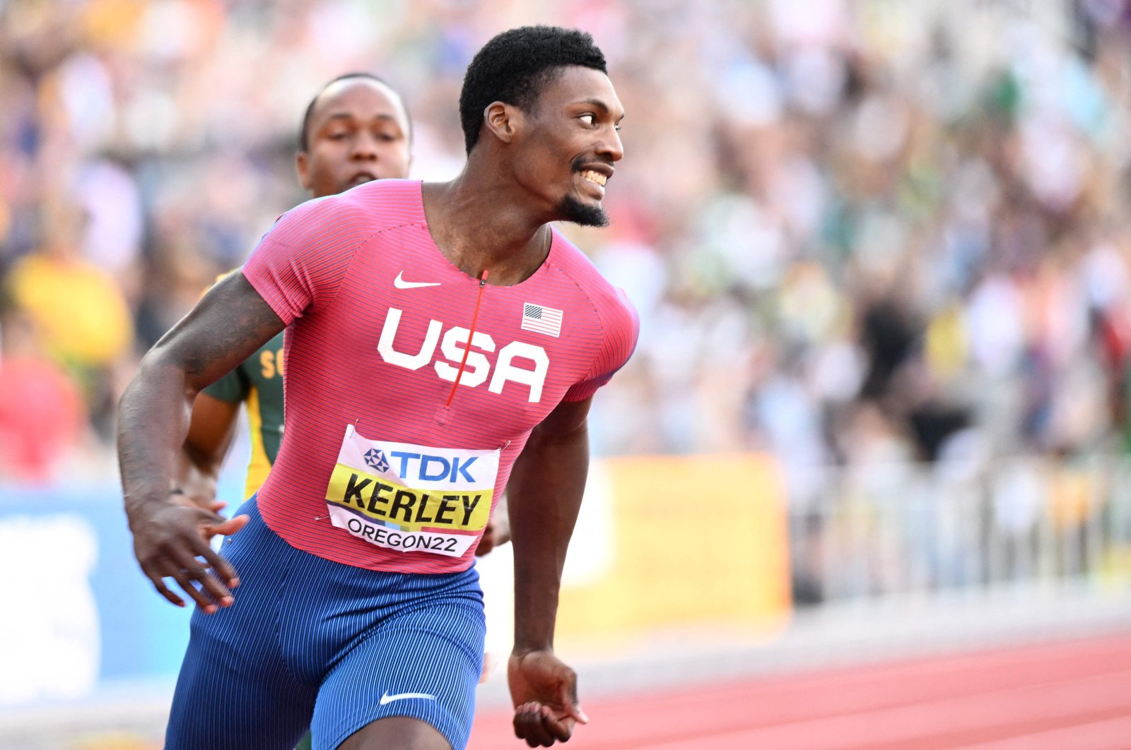 USA&#039;s Fred Kerley celebrates winning men&#039;s 100m final at World Athletics Championships, Eugene, Oregon, U.S., July 16, 2022. (AFP Photo)