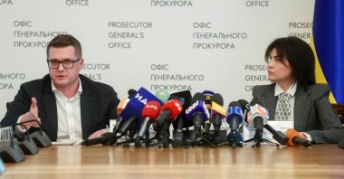 Head of the Security Service of Ukraine (SBU) Ivan Bakanov and Ukraine&#039;s Prosecutor General Iryna Venediktova attend a news briefing in Kyiv, Ukraine, May 11, 2021. (Reuters Photo)
