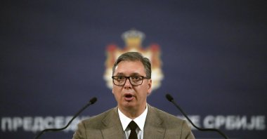 Serbian President Aleksandar Vucic speaks during a press conference after talks with European Union envoy in talks on normalizing relations between Serbia and Kosovo, Miroslav Lajcak in Belgrade, Serbia, June 29, 2022. (AP Photo)