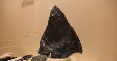 The bronze warrior helmet, which was introduced to the world of science by archaeologist Mustafa Süel in 2002, is displayed in Çorum Museum, Çorum, Turkey, July 17, 2022. (IHA Photo)