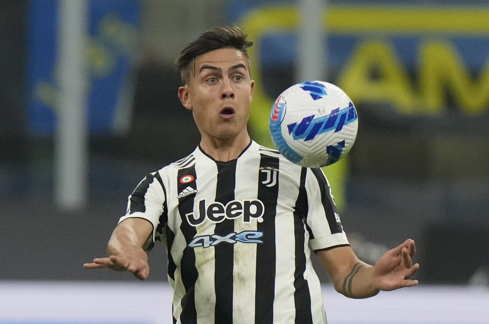 Juventus&#039; Paulo Dybala controls the ball during a Serie A match against Inter, Milan, Italy, Oct. 24, 2021. (AP Photo)
