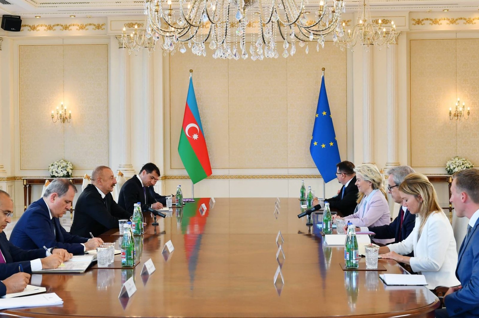 Azerbaijani President Ilham Aliyev (L) meets with European Commission president Ursula von der Leyen, in Baku, Azerbaijan, July 18, 2022. (AFP Photo)