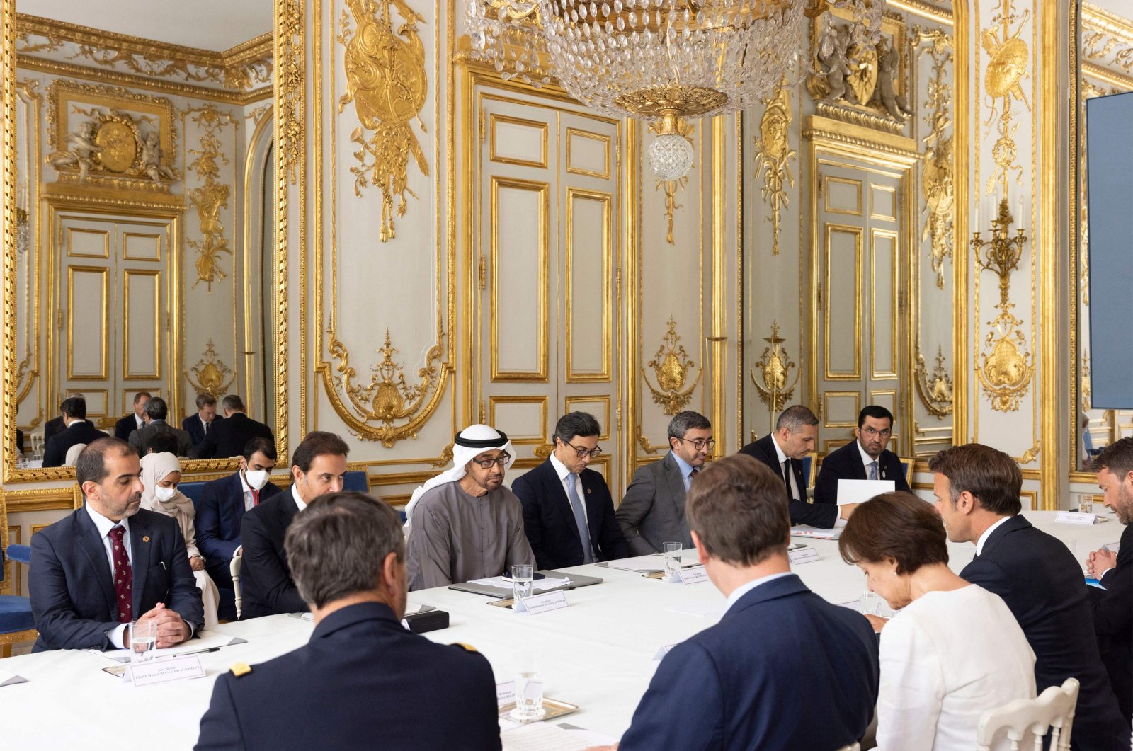 This handout image provided by the UAE Ministry of Presidential Affairs shows (L to R) UAE&#039;s President Sheikh Mohamed bin Zayed Al Nahyan meeting with France&#039;s President Emmanuel Macron at the Elysee Palace in Paris on July 18, 2022, as part of Sheikh Mohammed&#039;s first overseas state visit with energy and transport deals on the agenda. (AFP Photo)