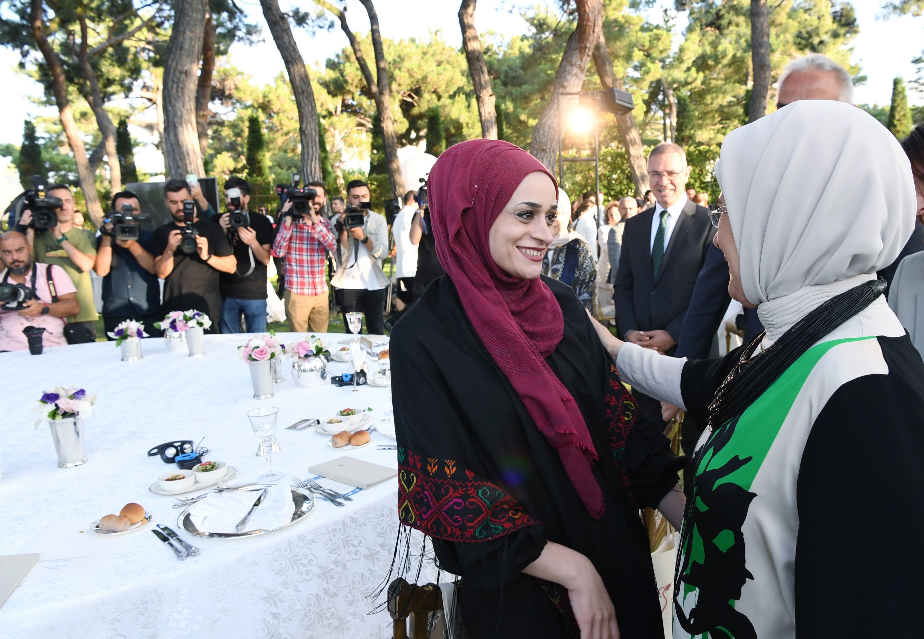 First lady Emine Erdoğan (R) welcomes Palestinian musician Mariam Afifi, Presidential Complex, Ankara, Turkey, July 18, 2022. (AA)