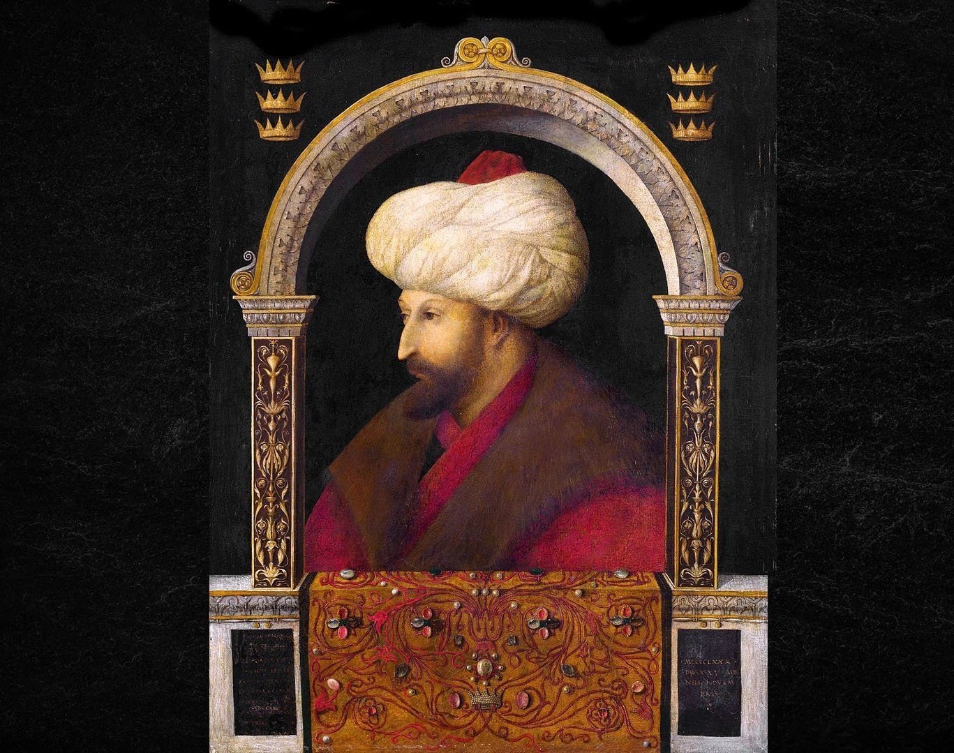 A portrait of Sultan Mehmed II, 1480, by Gentile Bellini, oil on canvas, 69.9 by 52.1 centimeters.
