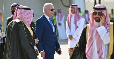 U.S. President Joe Biden boards Air Force One before departing from King Abdulaziz International Airport in Jeddah, Saudi Arabia, July 16, 2022. (AFP Photo)