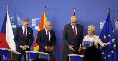 Czech Republic&#039;s Prime Minister Petr Fiala (2nd L), North Macedonia&#039;s Prime Minister Dimitar Kovacevski (L), Albanian Prime Minister Edi Rama (C) and European Commission President Ursula von der Leyen (R) leave the podium at the end of a media conference at EU headquarters in Brussels, July 19, 2022. (AP Photo)