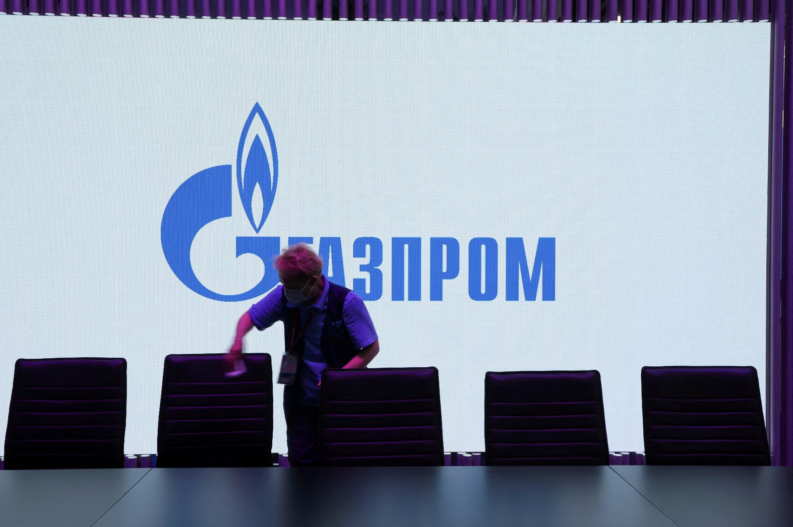 A view shows a screen with the logo of Gazprom at the St. Petersburg International Economic Forum (SPIEF) in St. Petersburg, Russia, June 17, 2022. (Reuters Photo)