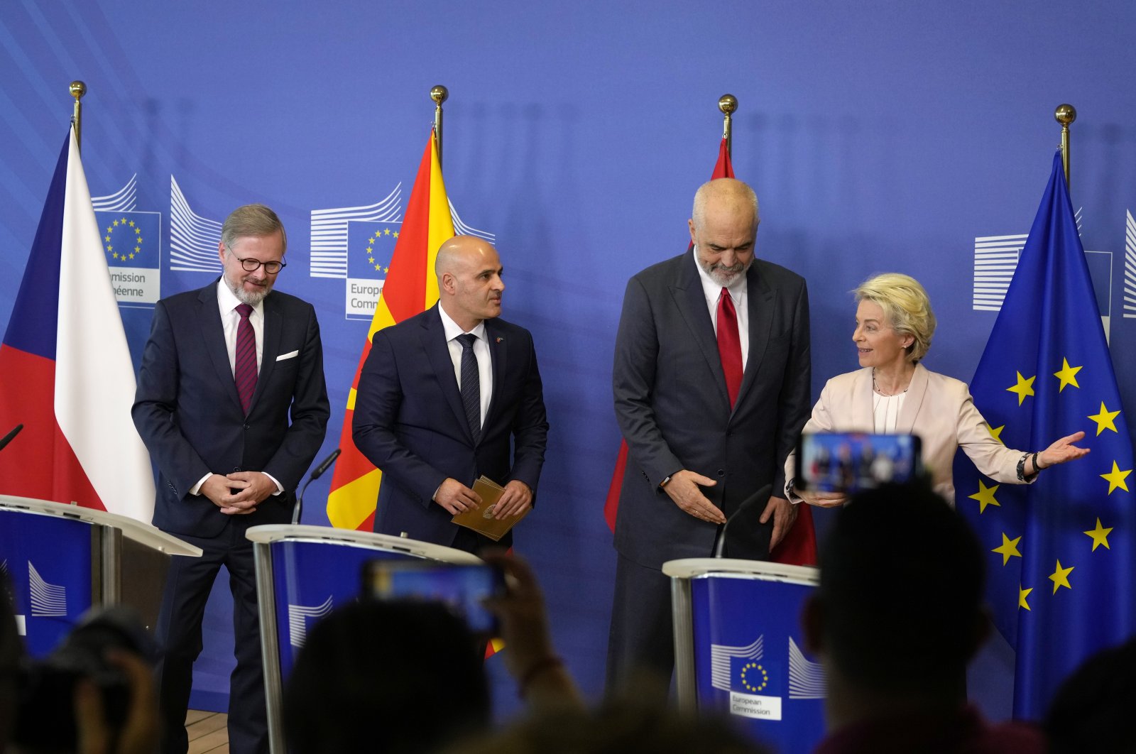 Czech Republic&#039;s Prime Minister Petr Fiala (2nd L), North Macedonia&#039;s Prime Minister Dimitar Kovacevski (L), Albanian Prime Minister Edi Rama (C) and European Commission President Ursula von der Leyen (R) leave the podium at the end of a media conference at EU headquarters in Brussels, July 19, 2022. (AP Photo)
