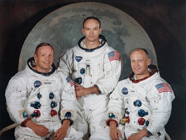 The three crew members of NASA&#039;s Apollo 11 lunar landing mission pose for a group portrait a few weeks before the launch, (L-R), Commander Neil Armstrong, Command Module Pilot Michael Collins and Lunar Module Pilot Edwin &#039;Buzz&#039; Aldrin Jr., May 1969. (Getty Images)