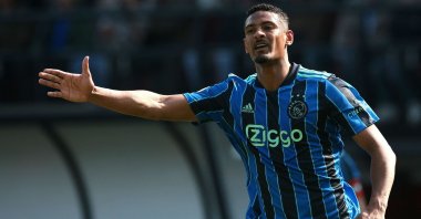 Then-Ajax striker Sebastien Haller gestures during an Eredivisie match against NEC, Nijmegen, The Netherlands, April 23, 2022. (AFP Photo)
