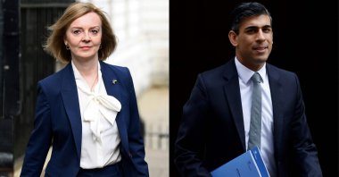 This combination of pictures created on July 12, 2022 shows Britain's Foreign Secretary Liz Truss (L) arriving to attend the weekly Cabinet meeting at 10 Downing Street, in London, on April 19, 2022 and Britain's Chancellor of the Exchequer Rishi Sunak leaving 11 Downing Street, in London, on March 23, 2022. (AFP Photo)