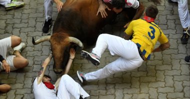 Participants grapple against a Jose Cebada Gago bull during the fifth "encierro" (bull run) of the San Fermin Festival in Pamplona, northern Spain on July 11, 2022. (AFP Photo)