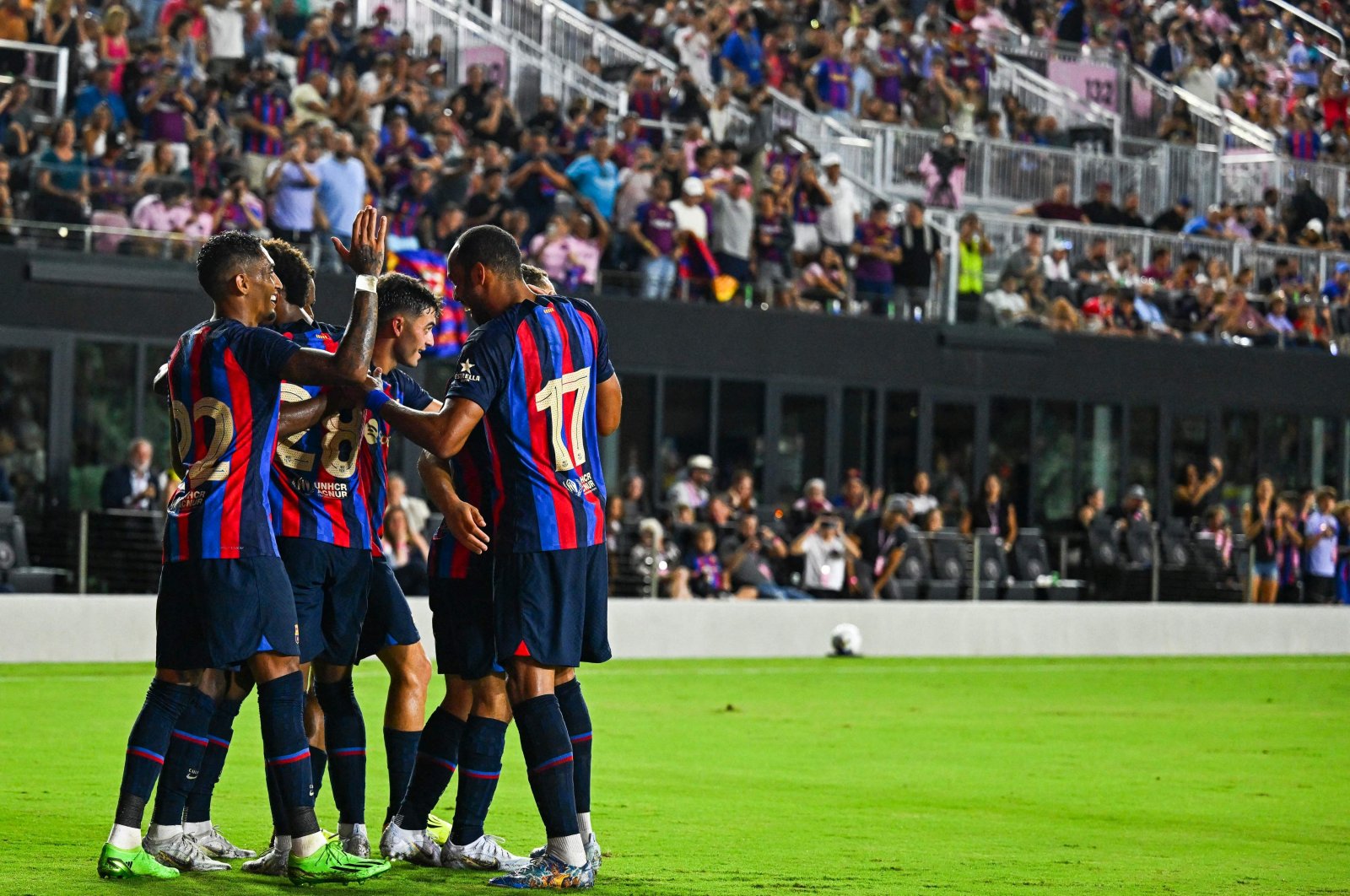 Barcelona players celebrate a goal against Inter Miami, Fort Lauderdale, U.S., July 19, 2022. (AFP Photo)
