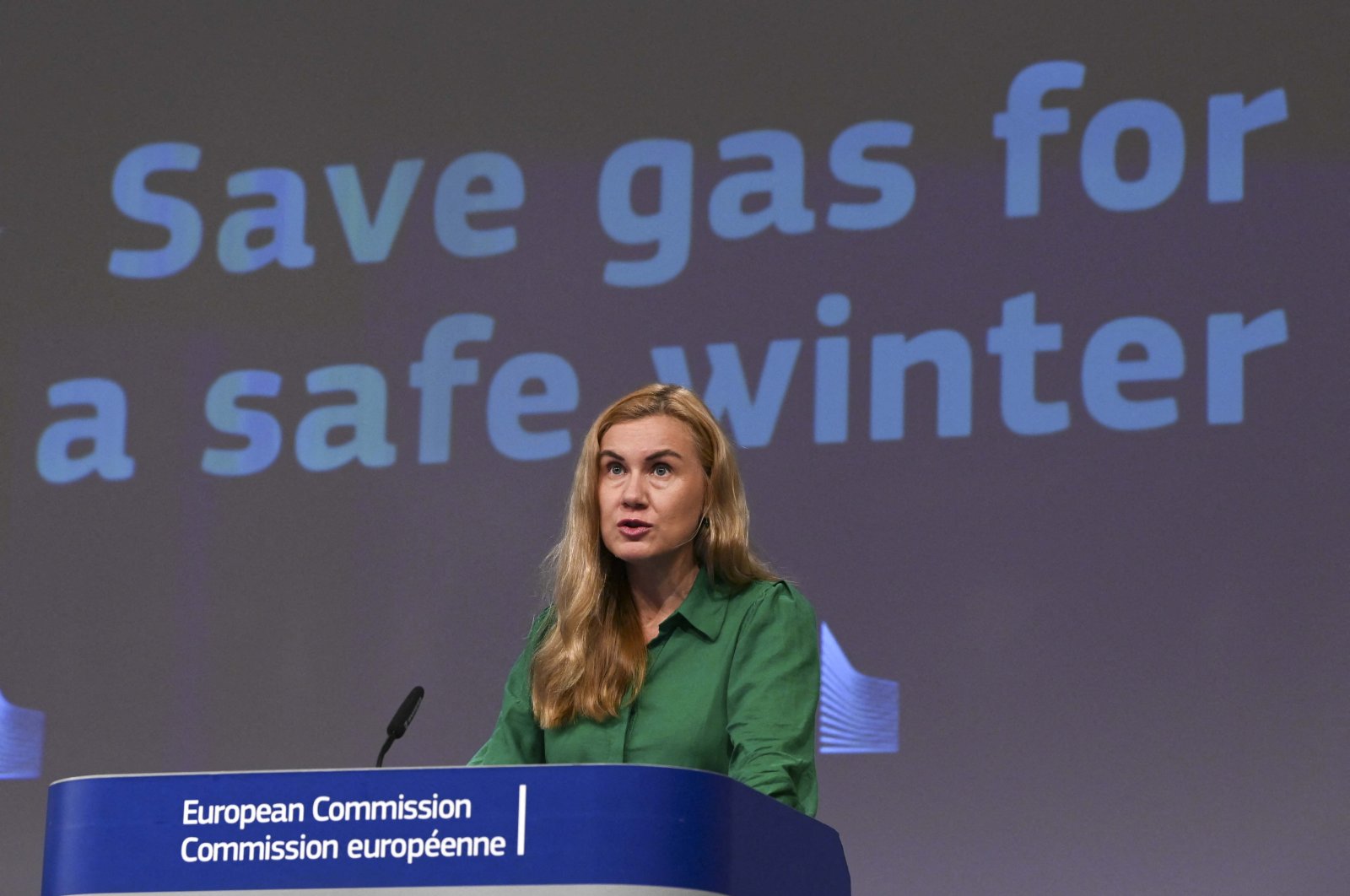 EU commissioner for Energy Estonia&#039;s Kadri Simson talks during a press conference after the College meeting on the &#039;Save gas for a safe winter&#039; package at the EU headquarters  in Brussels, Belgium, July 20, 2022. (AFP Photo)
