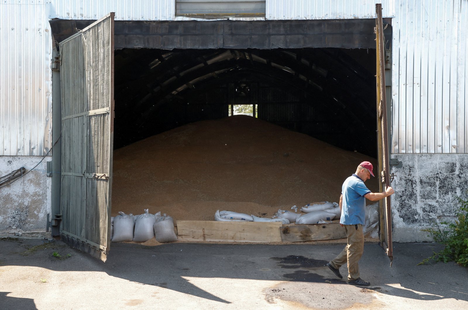 A farmer opens the gate of a wheat grain storage in the village of Khreshchate, in the Chernihiv region, Ukraine, July 5, 2022. (Reuters Photo)